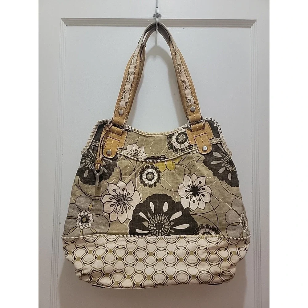 FOSSIL Patterned Canvas Leather Trim Shoulder/Tote Bag